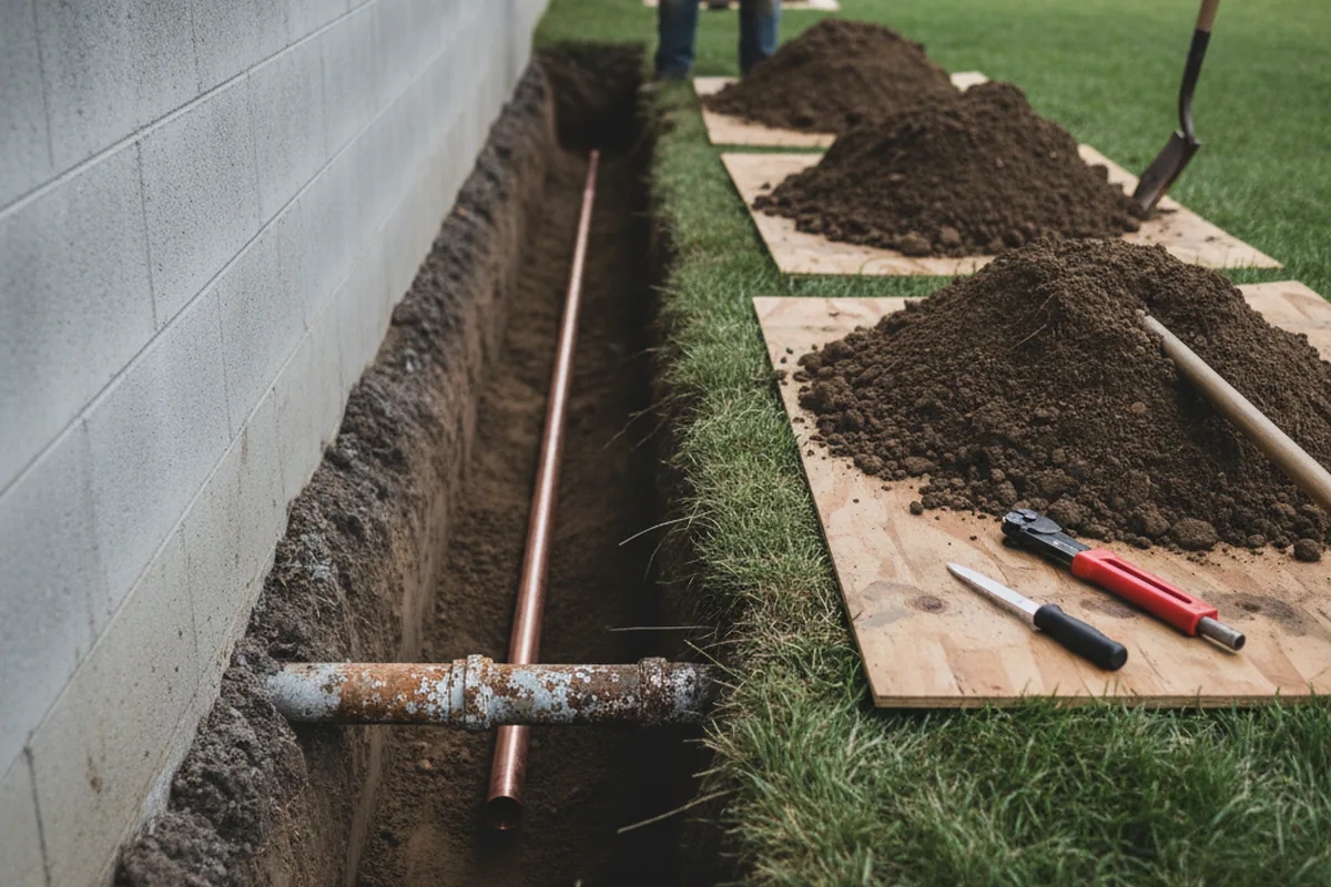 Excavated water line trench during Sewer Line Repair in New Berlinville